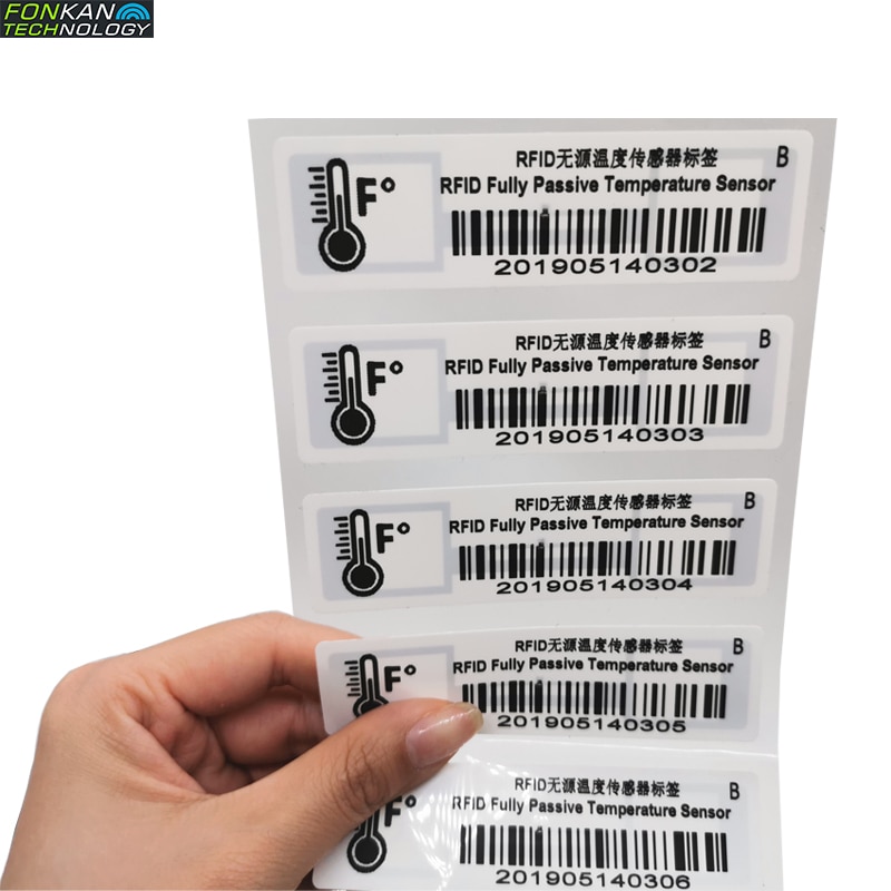 FONKAN 860-960Mhz UHF RFID Fully Passive Temperature Sensor Sticker label Tag for cold-chain logistics 98x24mm