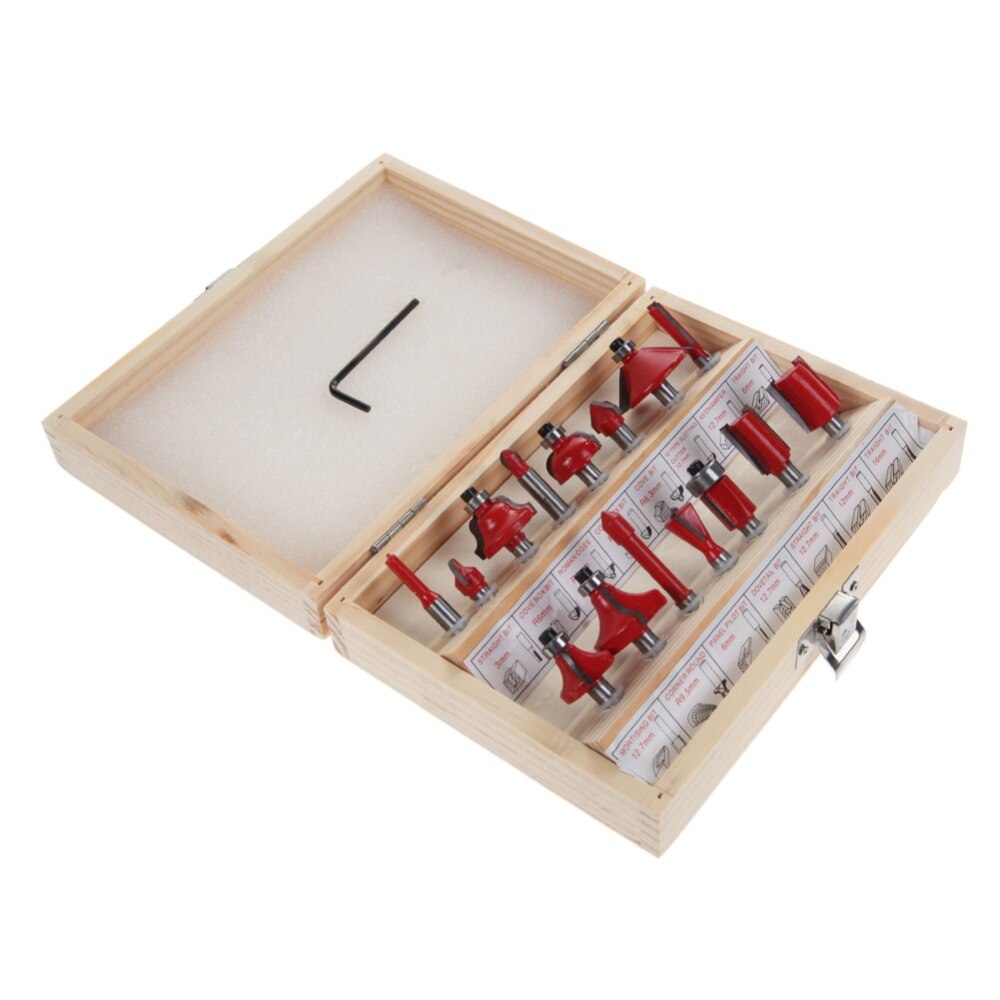 15pc Router Bit Set 1/4" 6.35mm Shank Wood Carving Tungsten Carbide Tipped Woodworking Milling Cutter Trimming knife w/Wood case