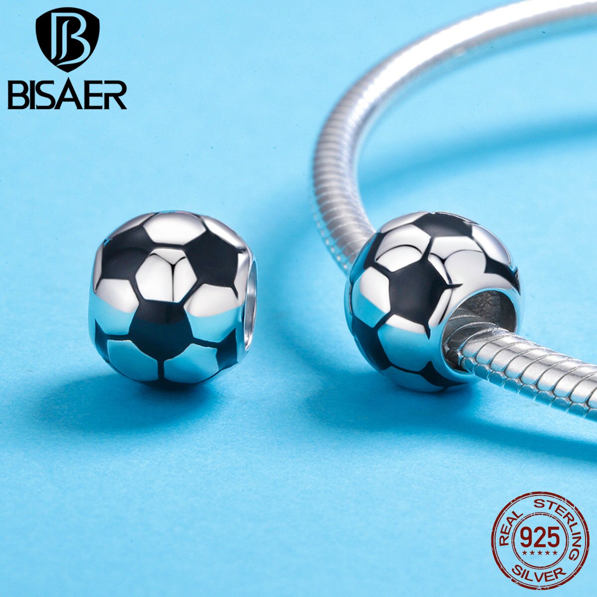 BISAER-bolas de fútbol de Plata de Ley 925 auténtica, bolas deportivas de voleibol, dijes compatibles con cuentas de plata, fabricación de joyas DIY