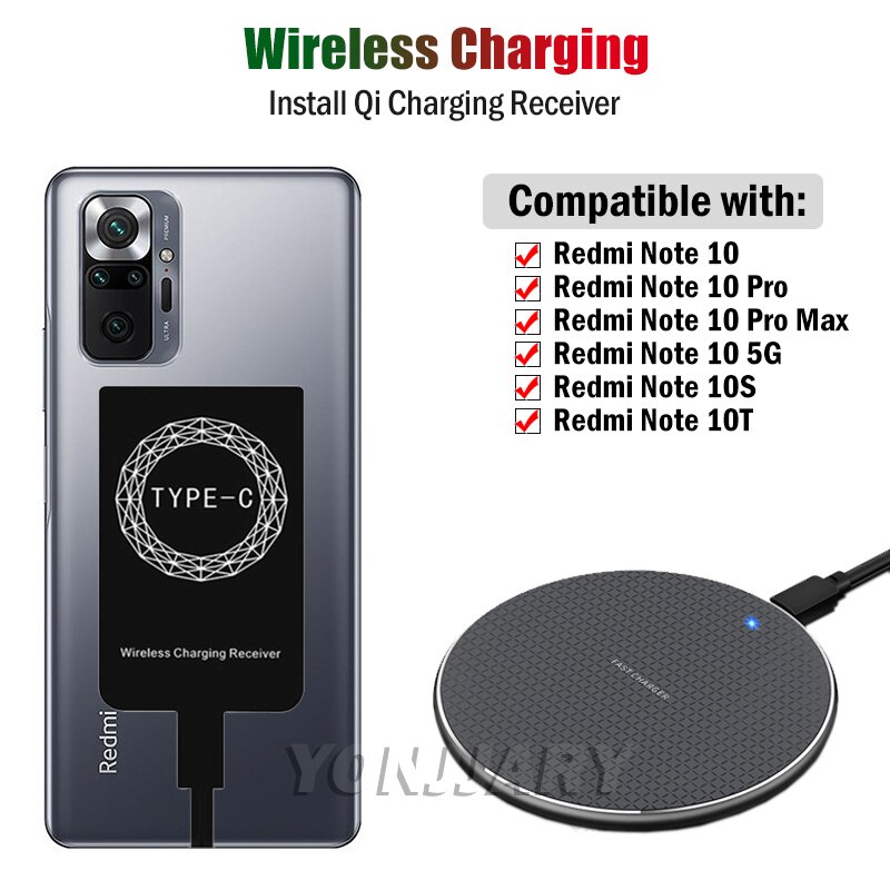 Qi Wireless Charging Receiver for Xiaomi Redmi Note 10 Pro Max 10S 10T 10 5G Phone Wireless Charger USB Type-C Charging Adapter