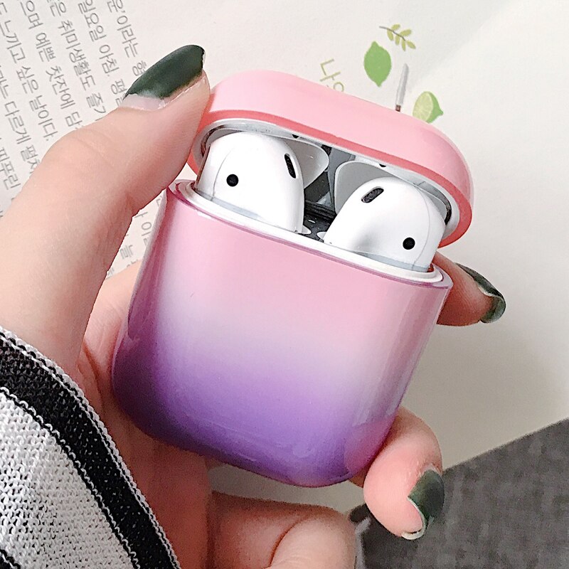 1/5PSC chiaro caso per caso sveglio di airpods Liscia gradiente della copertura per airpods 2 di tappo per orecchie Anti-perso rope copertura di caso di sport per airpods 2 caso: Set A Pink-Purple