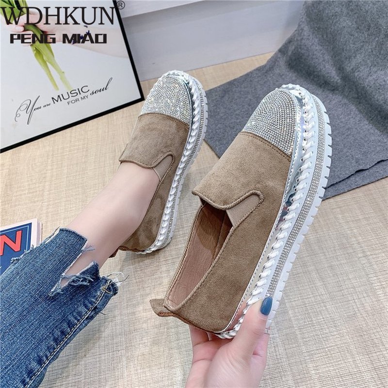 Våren kvinnor lägenheter skor platå sneakers slip on flats läder mocka dam loafers bling kvinnor creepers