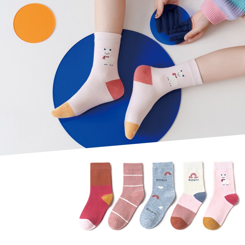 5 Paren/partij Kids Sokken Herfst Winter Katoenen Baby Sokken Warm Animal Leuke Mooie Kinderen Sokken Meisjes Regenboog Sokken