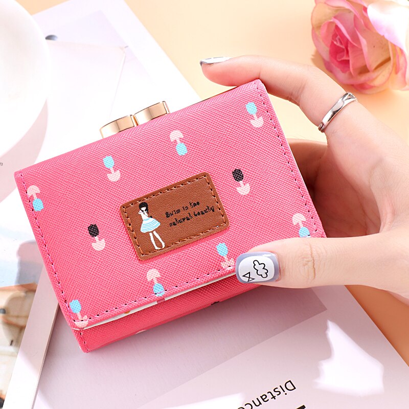 Lady Korte Coin Pouch Vrouwen Purse Kawaii Meisje Kleine Verandering Portemonnees Coin Bag 3 Fold Pu Leather portemonnee: Rose