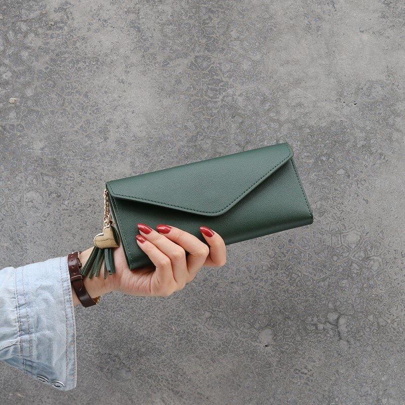 Women Leather Simple Long Wallet Tassel Coin Purse Card Holders Multi-card Position Female Wallet Portefeuille Femme: dark green