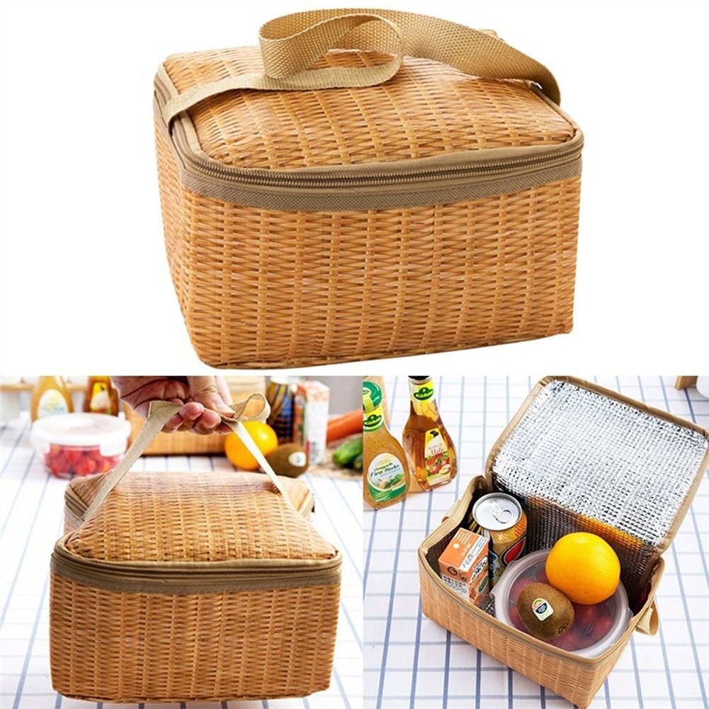 Buiten Draagbare Camping Picknick Zakken Imitatie Rotan Picknick Bag Geïsoleerde Thermische Koeler Mand Lunch Opbergdoos