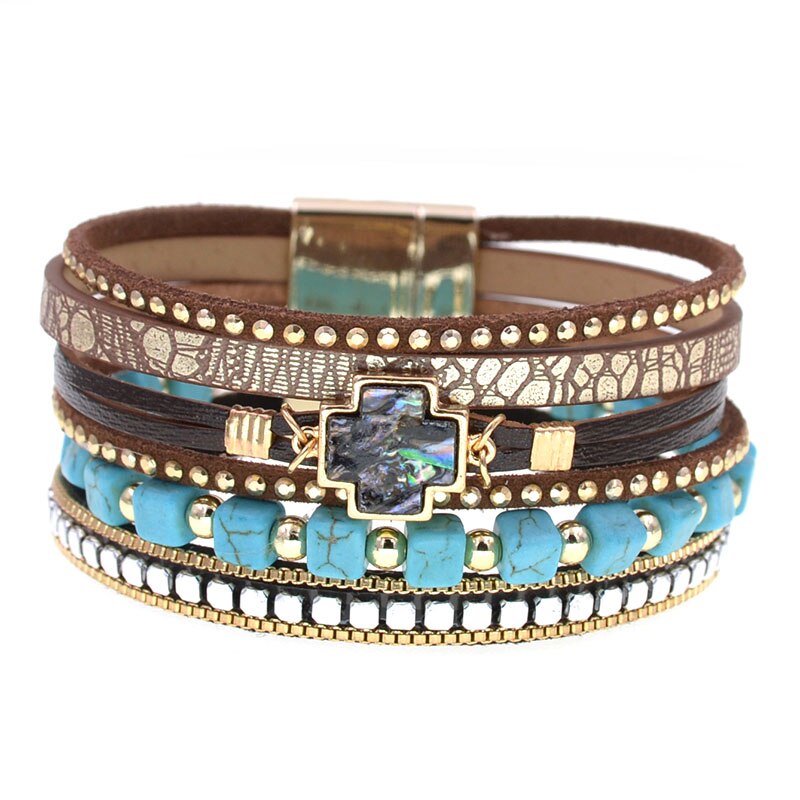 WELLMORE böhmen kreuz armbänder für frauen stein perlen wickeln armbänder leder Armbänder &Ampere; Armreifen Weiblichen Schmuck: 18cm / Braun