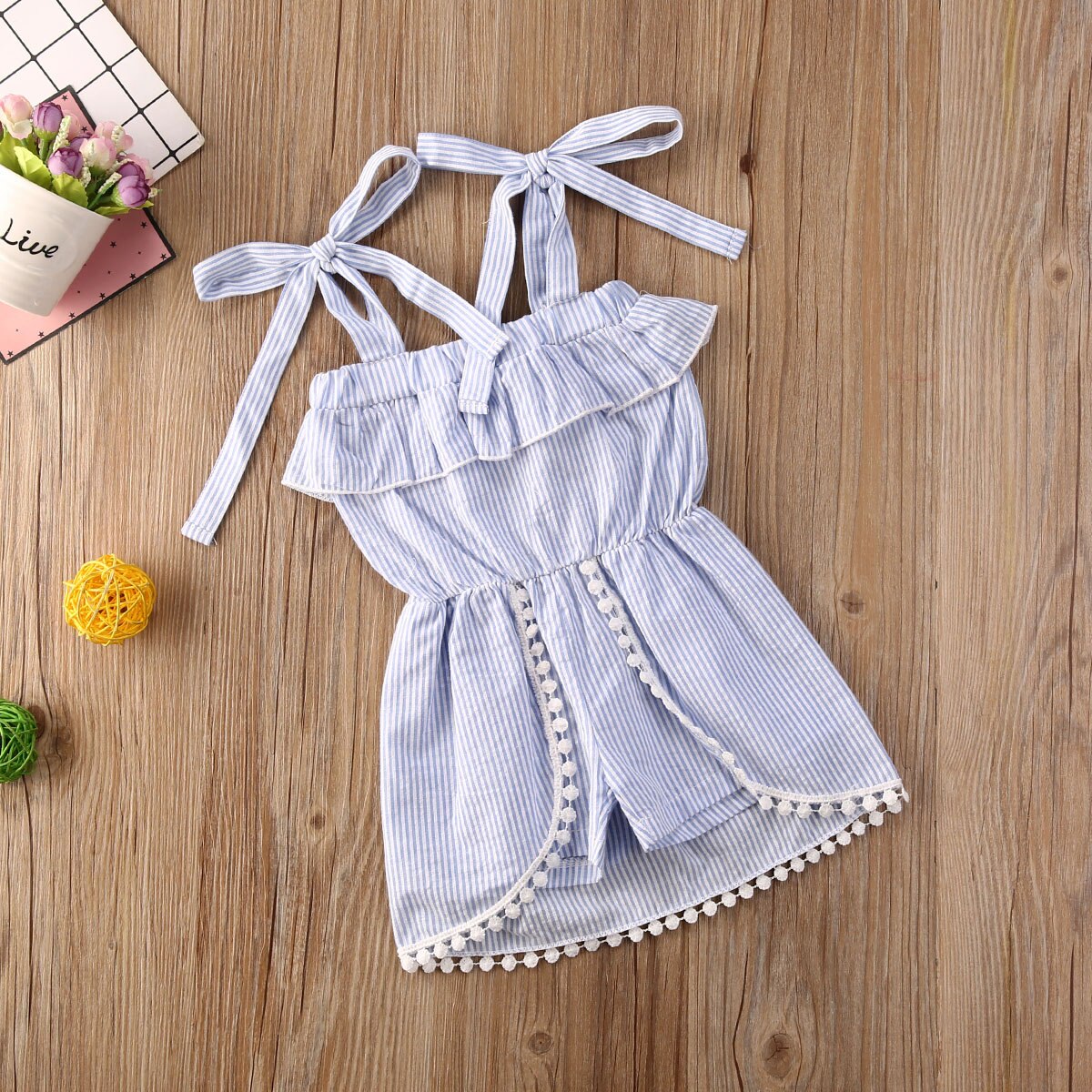 Citgeett 1-5y zomer baby meisjes romper jurk blauw gestreept ruches kwastjes jumpsuits jurk outfit
