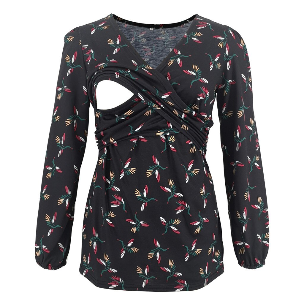 Mujeres impresión embarazada Nusring maternidad cuello en V manga larga volantes estampado blusa maternidad blusas zwangerschaps cleding: Black / M