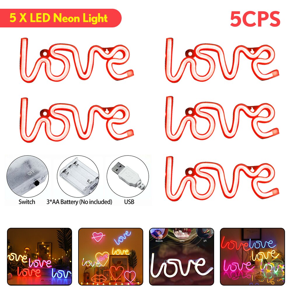Romantic LOVE Letters LED Night Light USB Charging Home Decor Neon Lamp USB Charging battery box lamp Home led night lamp: 5PC Red