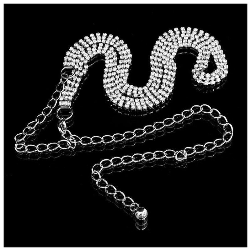 Dames Vrouwen Taille Ketting Riem In Zilver 3 Rij Steentjes One Size