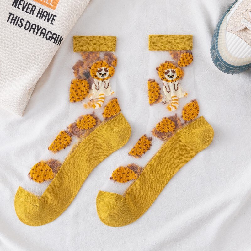 Japanese Korea Style Casual Transparent Crystal Silk Trend Women Socks Cartoon Fruit Ultrathin Glass Silk Socks Meias