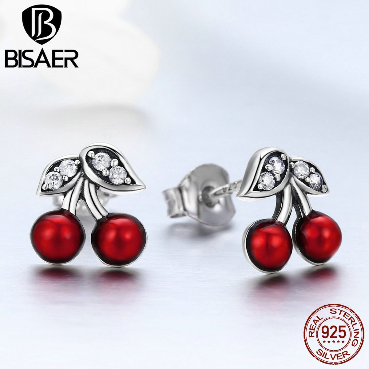 100% Bijoux 925 Sterling Silber Süße Rote Kirsche Obst Emaille Stud Ohrringe für Frauen Ohrringe Schmuck Brincos ECE404