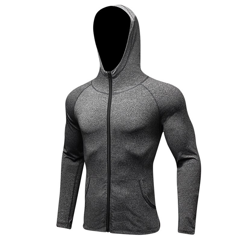 Winter Hooded Compression Sports Jacket Men Shirt Zipper Gym Clothing Men Sportswear Gym Fitness Black Running Jacket: gray / L
