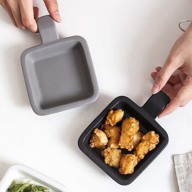 Ceramic Single Handle Seasoning Dish Plate Square Mini Baking Tray Dessert Dish Breakfast Steak Salad Plate Kitchen Tableware