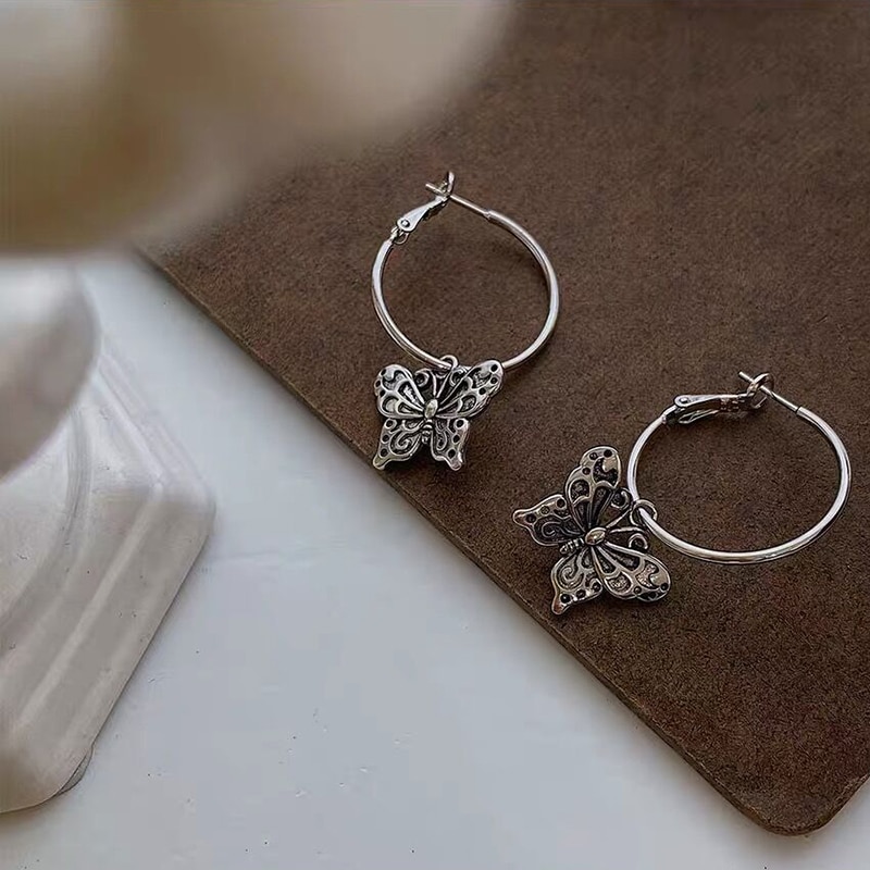 MENGJIQIAO nouvelle Vintage métal papillon boucles d'oreilles pour femmes filles cercle Boucle D'oreille fête Oorbellen bijoux