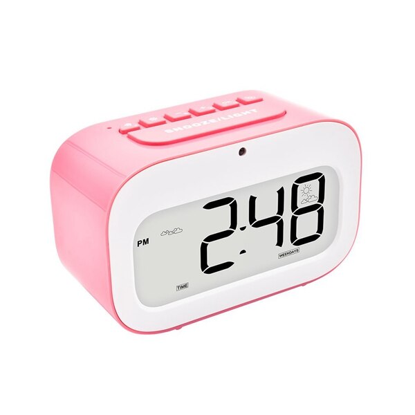 Wekker, schattige bureauklok met slimme achtergrondverlichting/temperatuur/snooze-functie, wekkers op batterijen (roze)