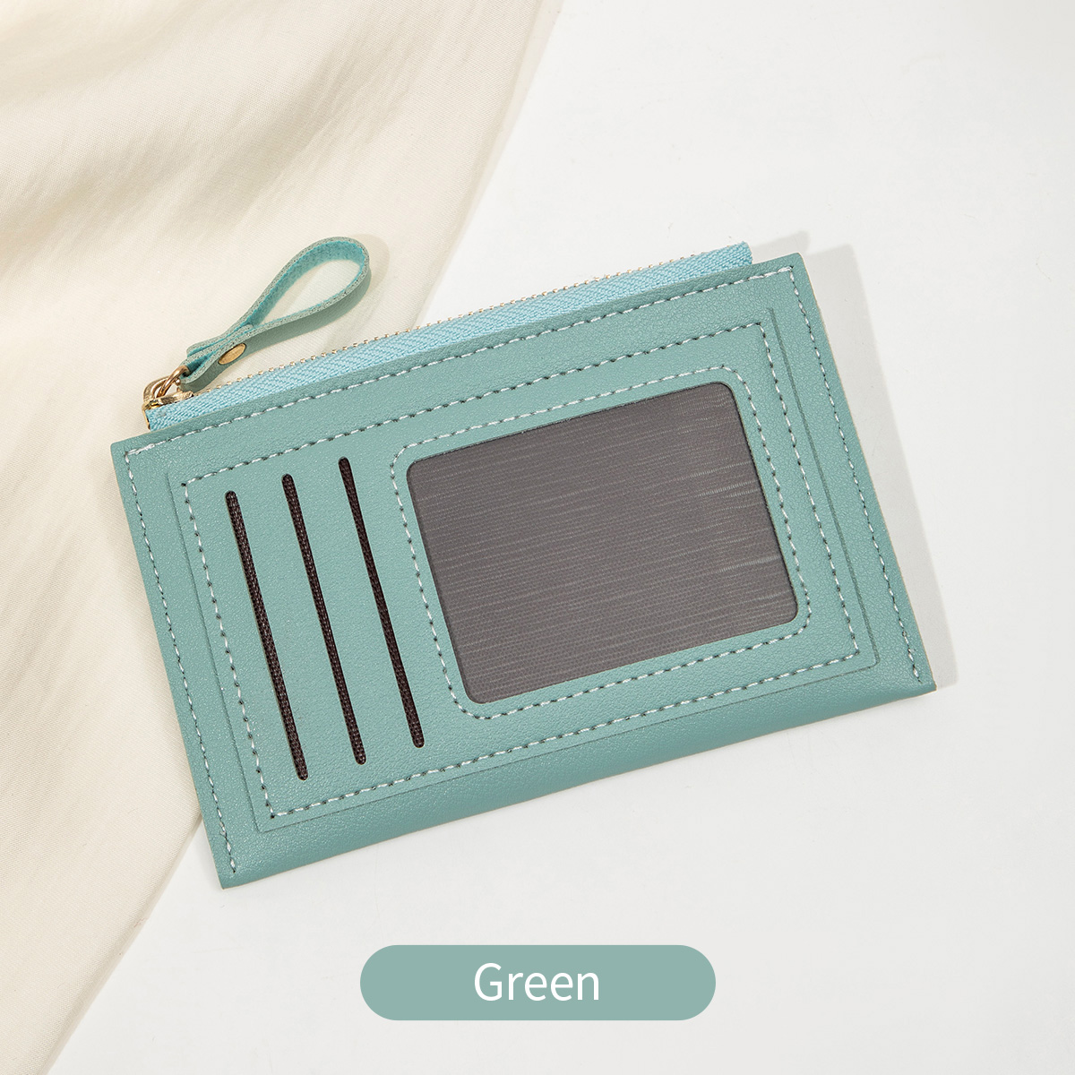 Minimalist ultra-thin coin wallet fashionable and portable PU leather wallet multifunctional credit card clip zipper card holder: green