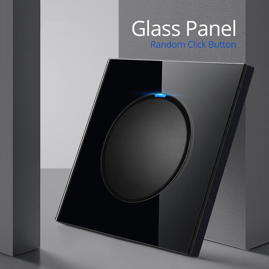 Wallpad Random Click Push Button Wall Light Switch With LED Indicator Socket Black Tempered Glass Panel For Home