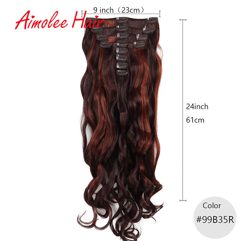 24 pulgadas 8 unids/set Natural largo ondulado rubia rojo destacar sintético postizo de Clip en extensiones de cabello 16 Clip de alta temperatura: 99B35R