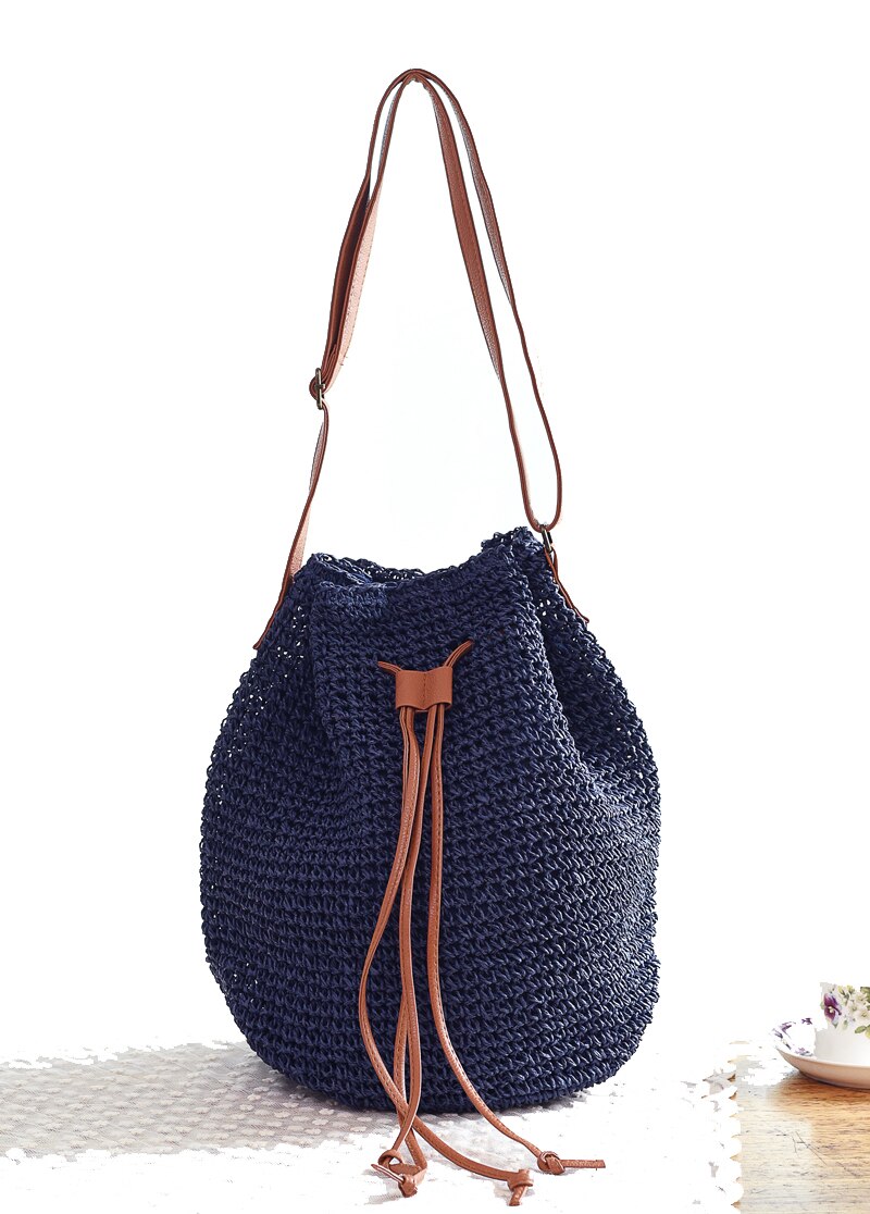 Mochila tejida de paja de para mujer, bandoleras de verano para adolescente, bolso de viaje para mujer, Mochila para libros: Azul