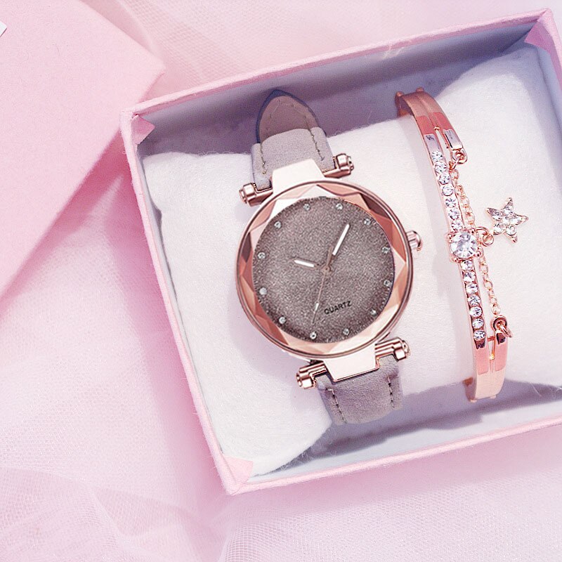 Dameur rhinestone romantisk stjernehimmel armbåndsur dame læderur ur til kvinder relogio feminino montre femme