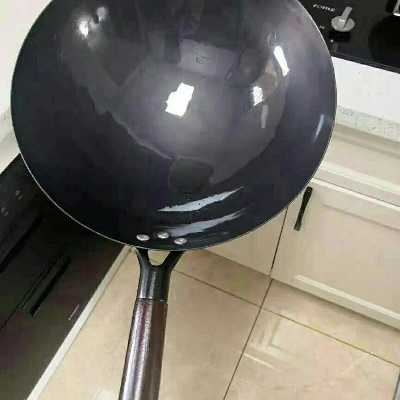Chinese Traditional Iron Wok Handmade Large Wok&amp;Wooden Handle Non-stick Wok Gas Cooker Pan Kitchen Cookware Iron Pot