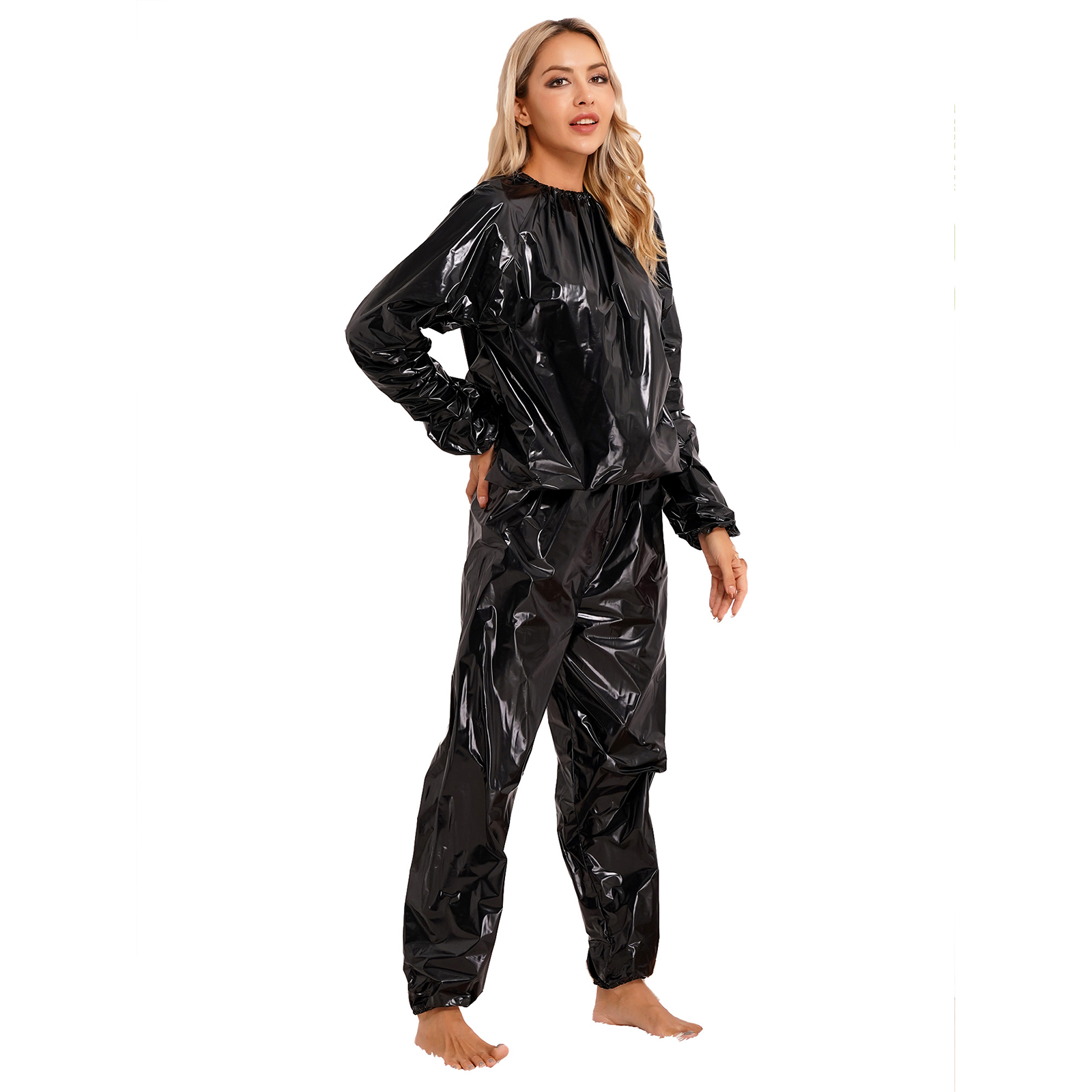 2 stk. dame saunadragt pvc langærmet elastisk manchet top bukser sæt fitness gym træningstøj joggingtøj til voksne tøjsæt