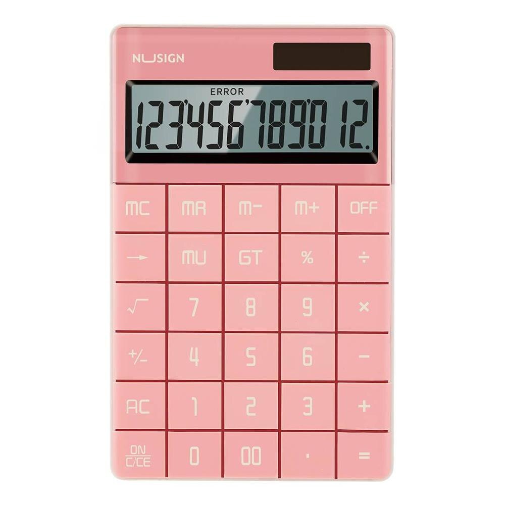 Mini Handheld 12 Digits Display Electronic Calculating Calculator Dual Power Tablet button for Students Office: pink