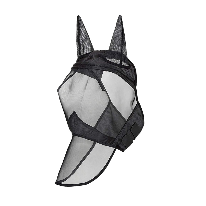 Fly Mask Full Face Horse Mask Fine Mesh Uv Protection with Ears Equine Long Nose Breathable Black