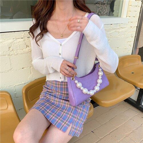 Bag Female Spring and Summer Crocodile Baguette Shape Bag France Small Shoulder Bag Underarm Handbag: purple pearl