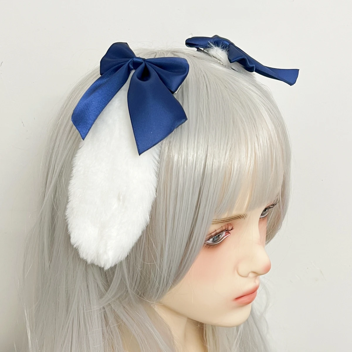 Lolita Cosplay Rabbit Bunny Plush Lop Ears Kawaii Women Girls Hair Clip Cute Hairpin Ribbon Bowknot Hair Accessories: Ivory