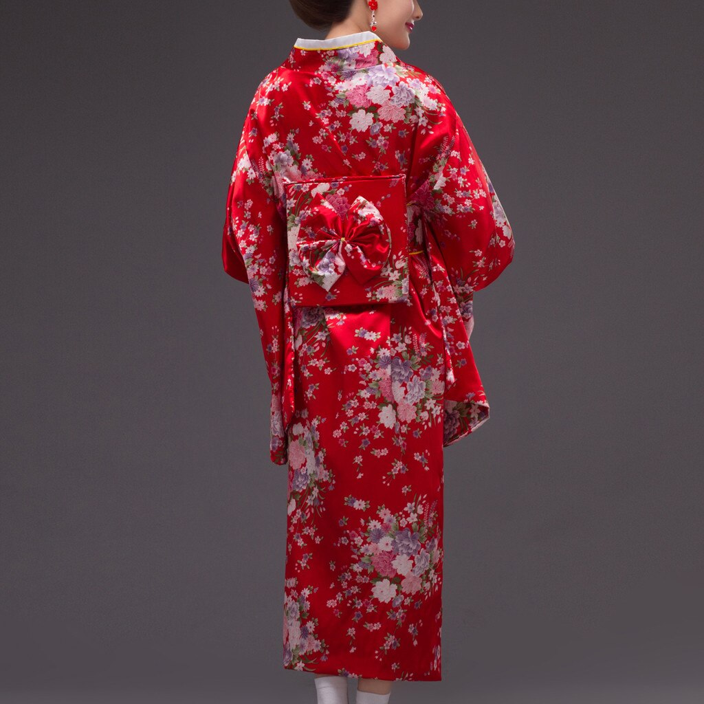 Modne sukienki luźna japońska satynowa sukienka sztucznego jedwabiu kimono z długim rękawem kobieta czerwony nadruk szlafrok szata tenisowa