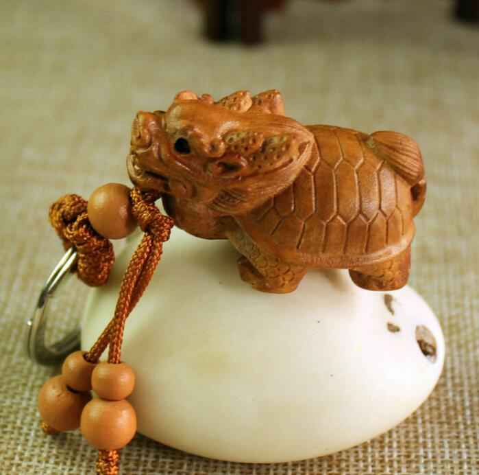 Statue de tortue Dragon en bois sculpté en 3D, pendentif, Sculpture de la richesse chinoise, porte-clés