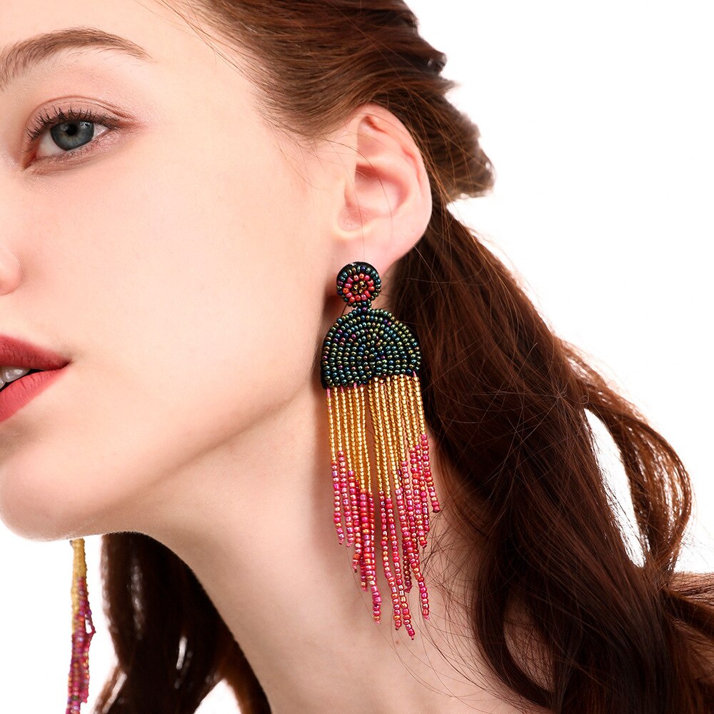Pendientes bohemios hechos a mano con cuentas de arroz de colores, aretes con borlas, creativa, estilo étnico, pendientes con características para mujer