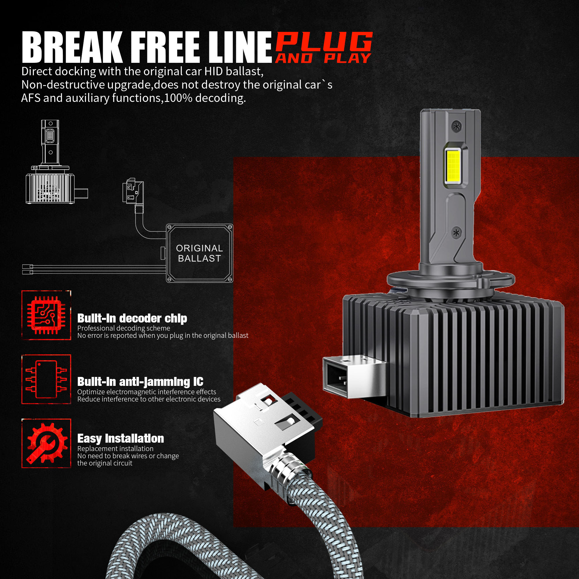 D-serien 2 stk.  d3s led-frontlykter med skjulte pærer  d1s d2s d4s d5s d8s canbus 35w matchende ballast  d2r d4r billys 6000k 12v 24v