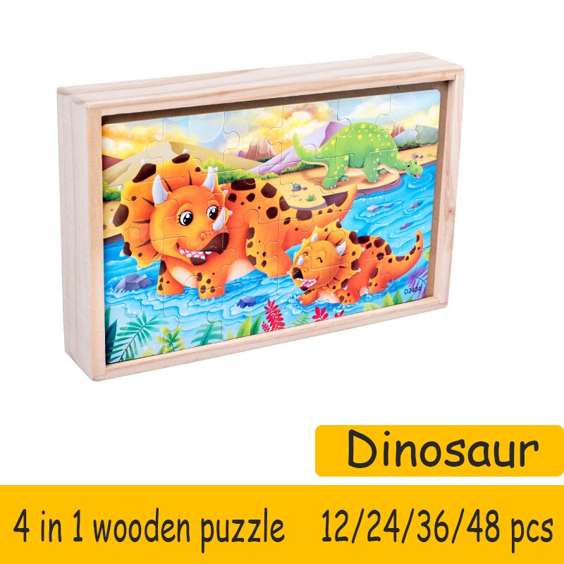 WYW – Puzzle 4 en 1 en bois pour enfants, avec boîte de rangement, grand modèle exquis, jouet Parent-enfant: Dinosaur opp