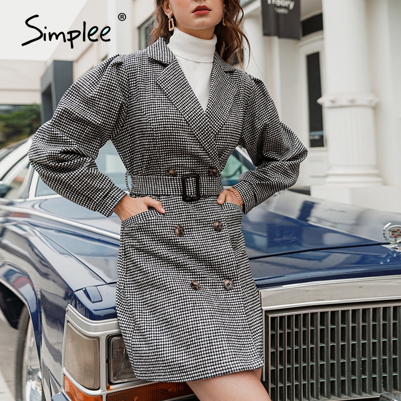 Simplee-vestido negro a cuadros con mangas abullonadas y cinturón para mujer, look clásico casual, primavera, Otoño e Invierno