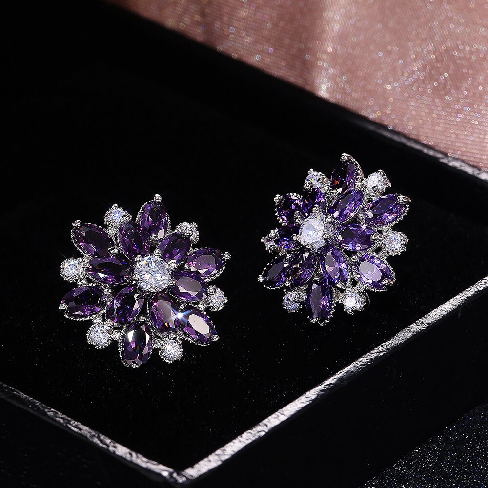 Huitan Gorgeous Big Flower Stud Earring for Women Wedding Engage Dance Party Noble Brilliant Zircon Stone Earrings