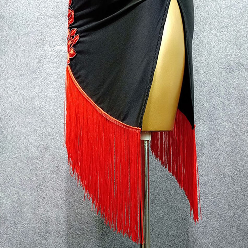 Long Sleeve Bare Back Flower And Tassel Latin Dance Dress Dancing Performance Women Dress Ballroom Samba Tango W252