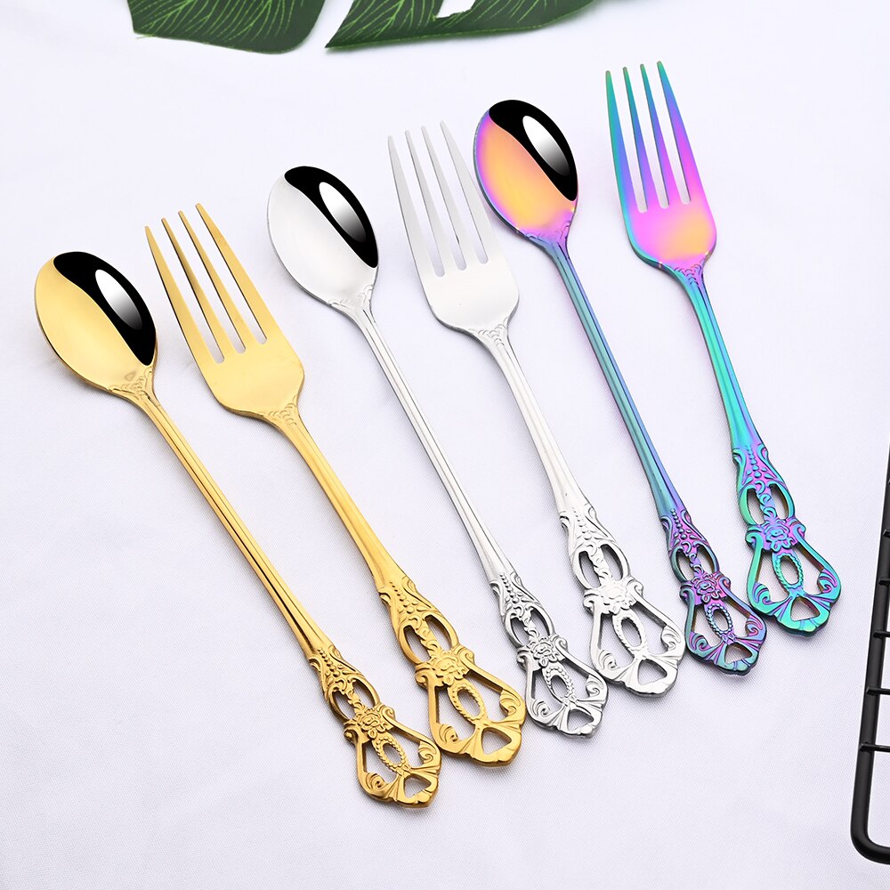 5Pcs Luxury Silver Western Dinnerware Set Stainless Steel Flatware Cutlery Set Home Fork Knife Spoon Tableware Silverware Set