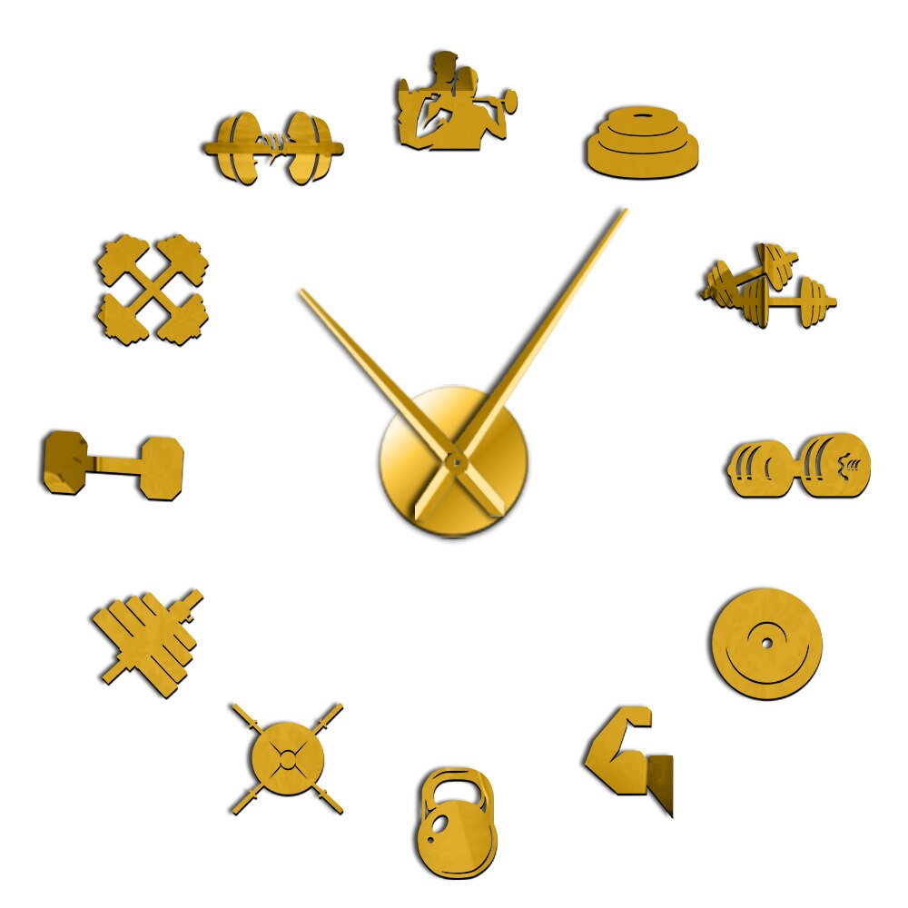 Sports Gym Equipment DIY Frameless Giant Wall Clock With Art Fitness Dumbbell Stickers Large Wall Watch Workout Trainers: Gold / 27 Inch