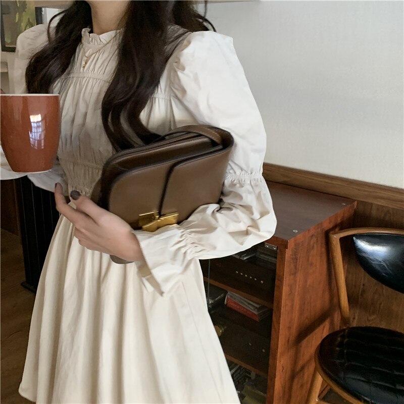 SuperAen retro francuski stałe bufiaste rękawy talia plisowana, pomarszczona kołnierz szczupła linia sukienki kobiet