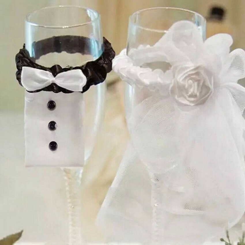 2pcs Toasting Decoration Bride&amp;Groom Tux Bridal Veil Party Wedding Mark Wine Glass Decor DIY Beautiful Decorations