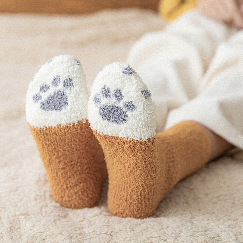 Women Plush Fleece Socks Cartoon Cat Claws Thickened Autumn Winter Warm Socks WHShopping