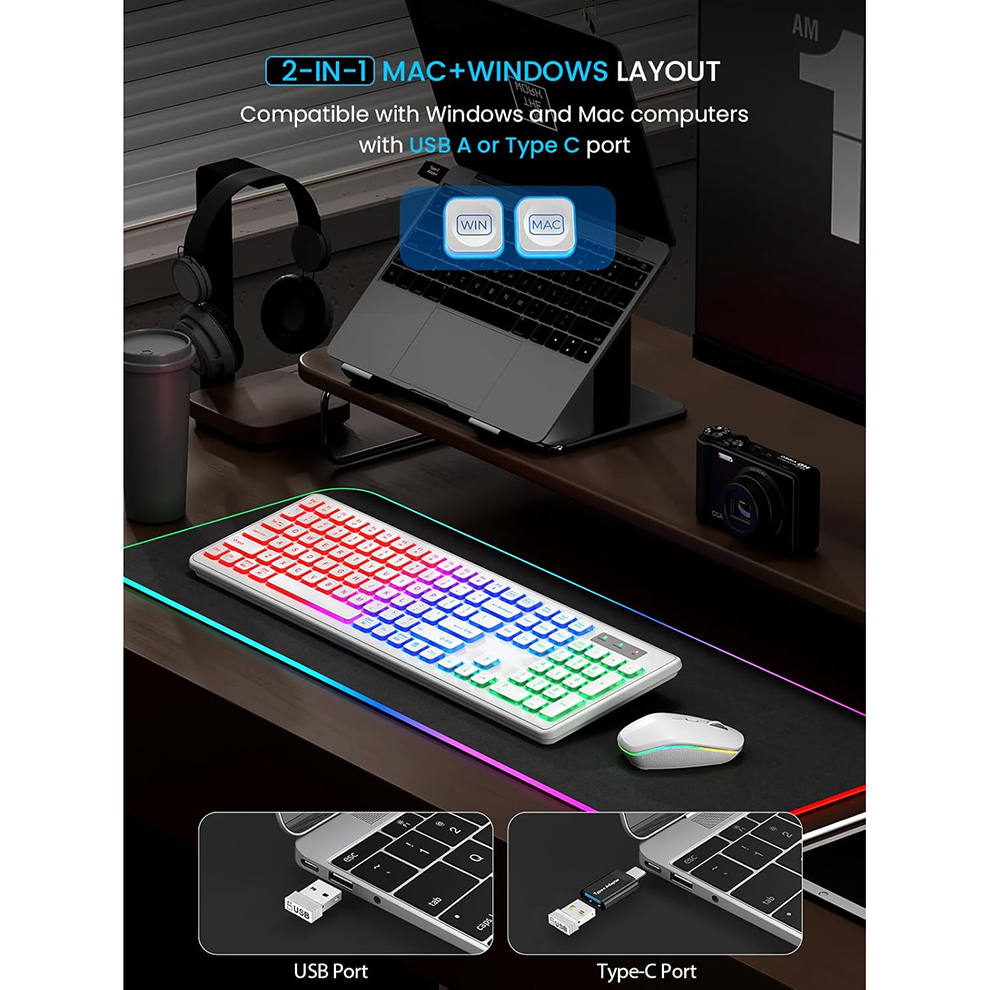 Backlit Wireless Keyboard and Mouse,Quiet Light Up Keys, Tilt Legs, Rechargeable USB Cordless Combo for Computer, PC, Laptop
