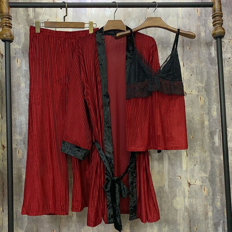 Høst- og vinterpyjamas tredelt dress, kordfløyel med blonder, behagelig og myk hjemmeklær, nattkjoledress.søvnetøy