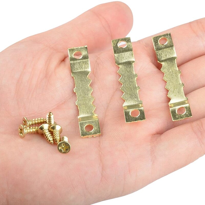 100 Pieces Picture Frame Hanging Sawtooth Hangers Kits Double Hole 200 Head Screws Wall Mounting Golden