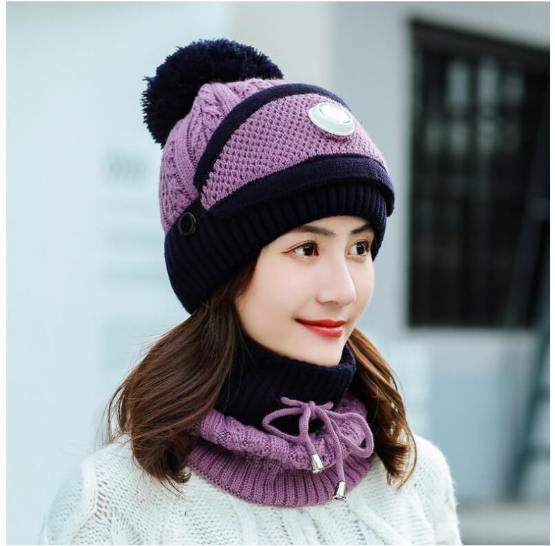 Winter Hoed & Sjaal & Masker Voor Vrouwen Warm Mutsen Ademen Sjaal Pompoms Gebreide Caps En Sjaal Masker 3 stuks/set: Paars