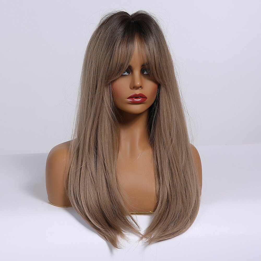EASIHAIR Long Brown Ombre Straight Wigs with Bangs Synthetic Wigs for Women Daily Natural Hair Wigs Heat Resistant Cute Cosplay